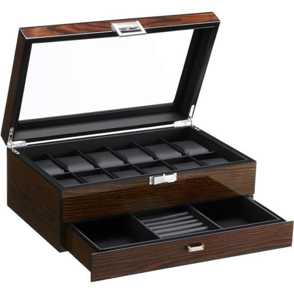 12 Watch Box with Valet Drawer, Luxury Watch Case,Watch Organizer for Mens - Picture 1 of 8